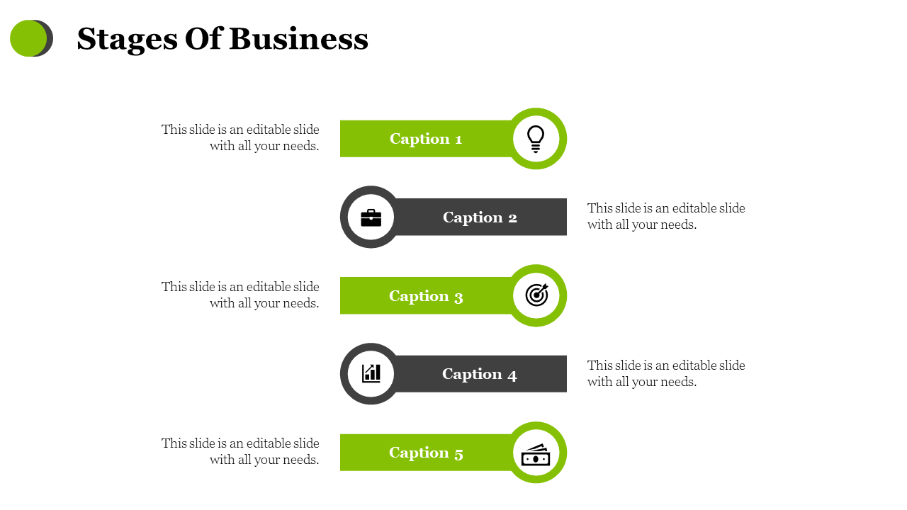 Business stages slide with five sections, each featuring a caption and color coded icons on a white backdrop.