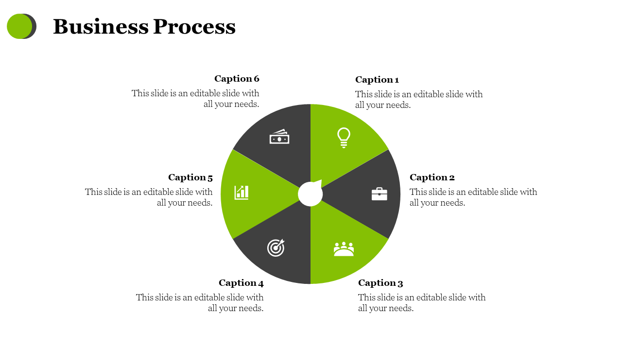 Slide featuring a black and green circular business process diagram with six sections, each containing an icon and caption.