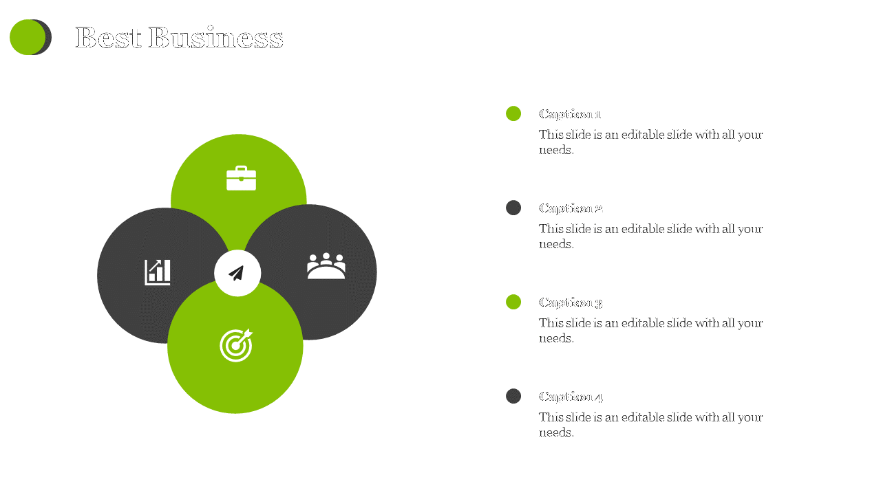 A slide featuring a green and black circular layout with four sections, each representing an essential aspect of business.