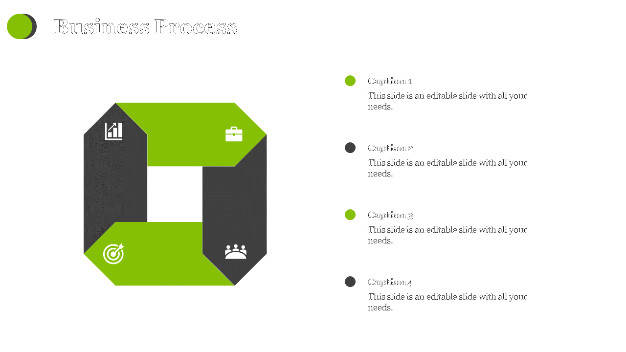 Business process PowerPoint slide with a black and green square flow diagram, featuring four segments with icons.