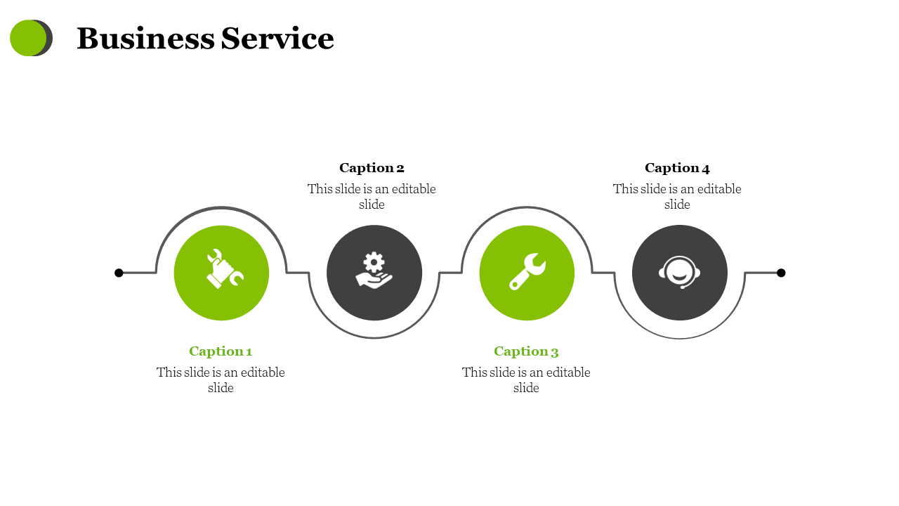 Business service PowerPoint slide with a curved flow diagram, including four sections with green and black icons.