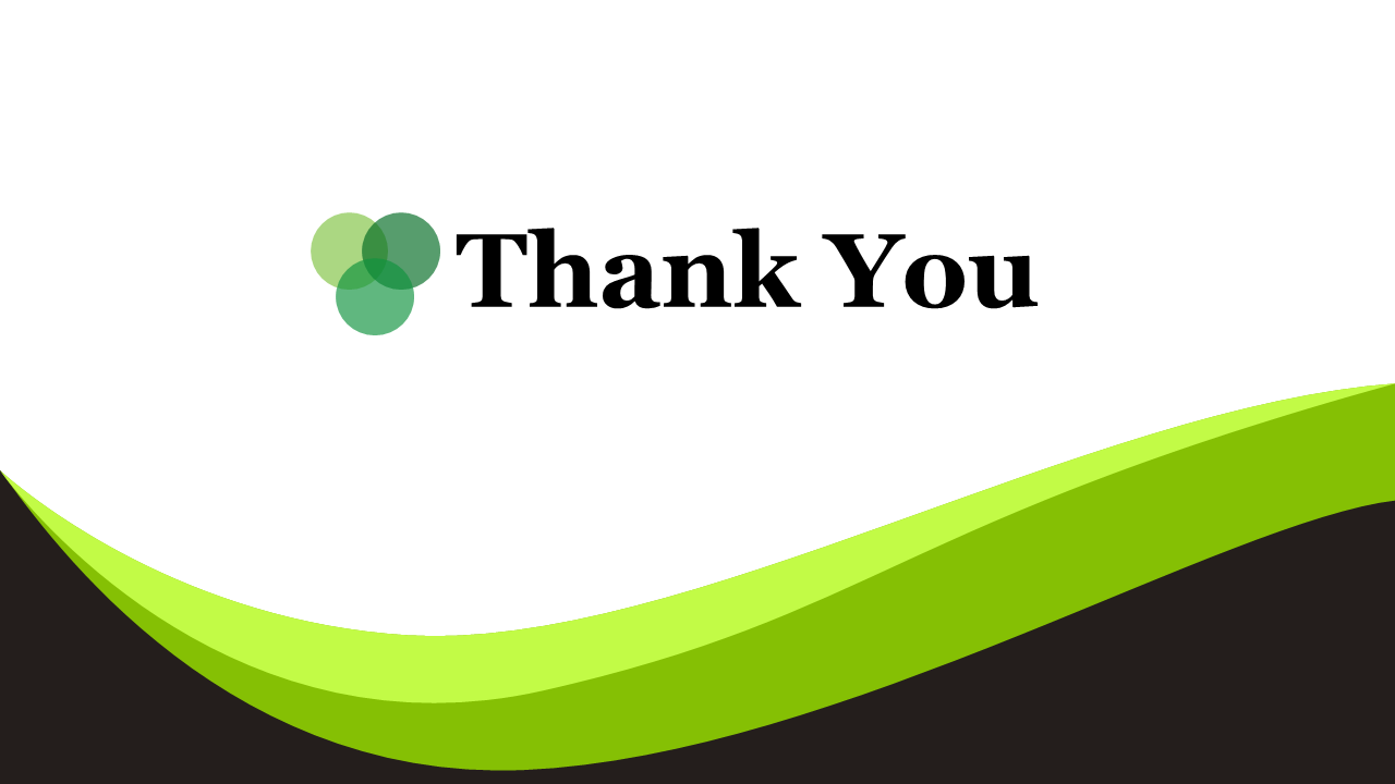 PowerPoint slide with a thank you message and a modern green and black wave design along the bottom.