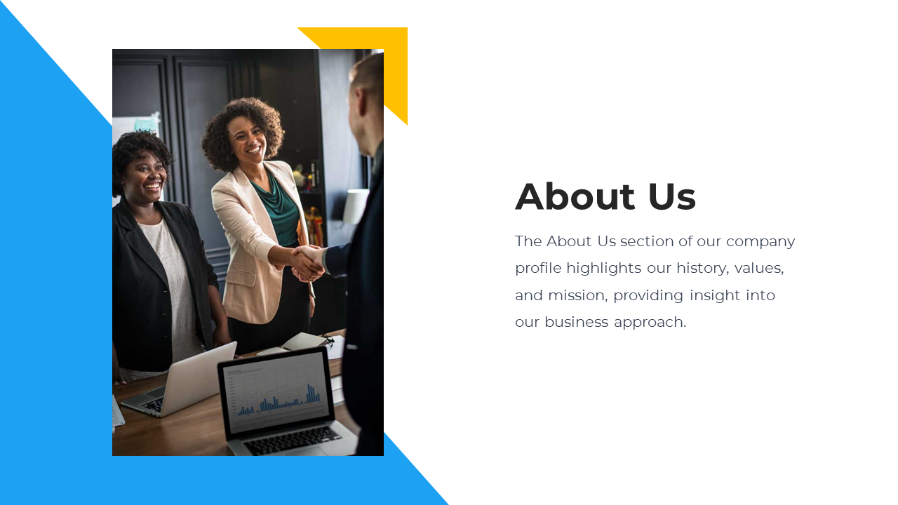 About Us slide showing a handshake between business partners on a white and blue backdrop.