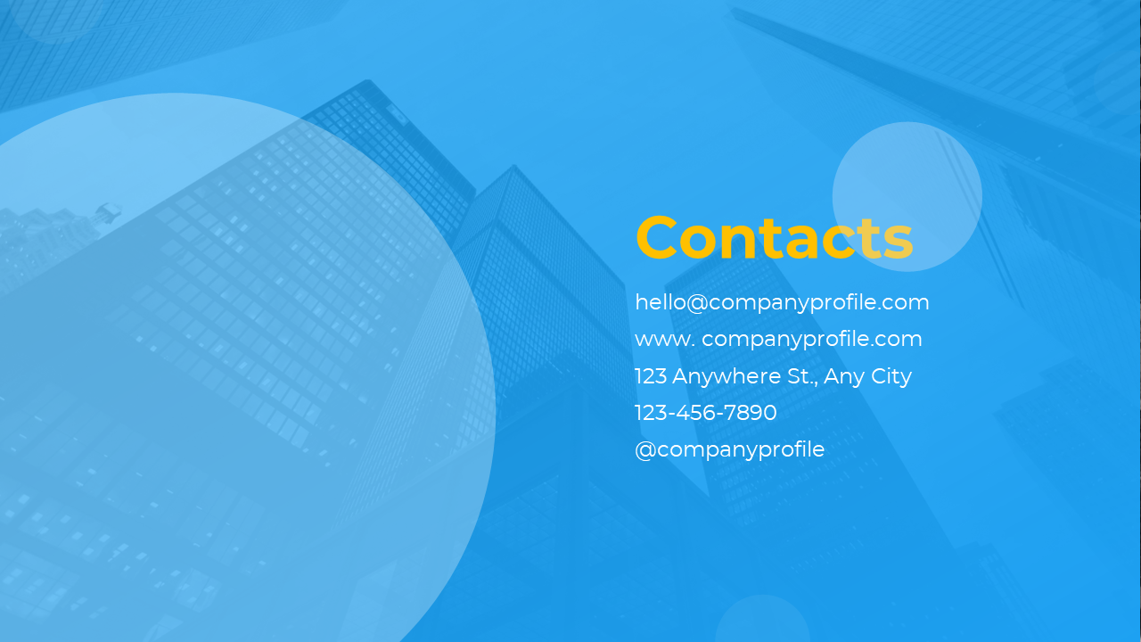 Contact information slide with company details and social media handle, against a blue background with a city skyscraper.