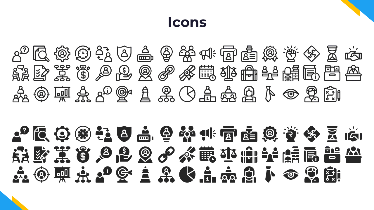 Collection of black icons for business, finance, and teamwork, including magnifying glass, gear, target, and more.