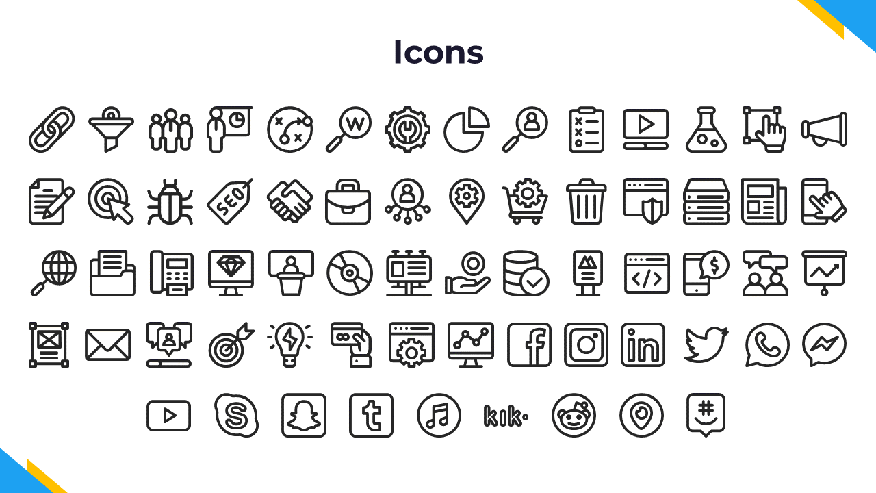 Collection of business and social media icons featuring communication, security, charts and popular platforms in white theme.