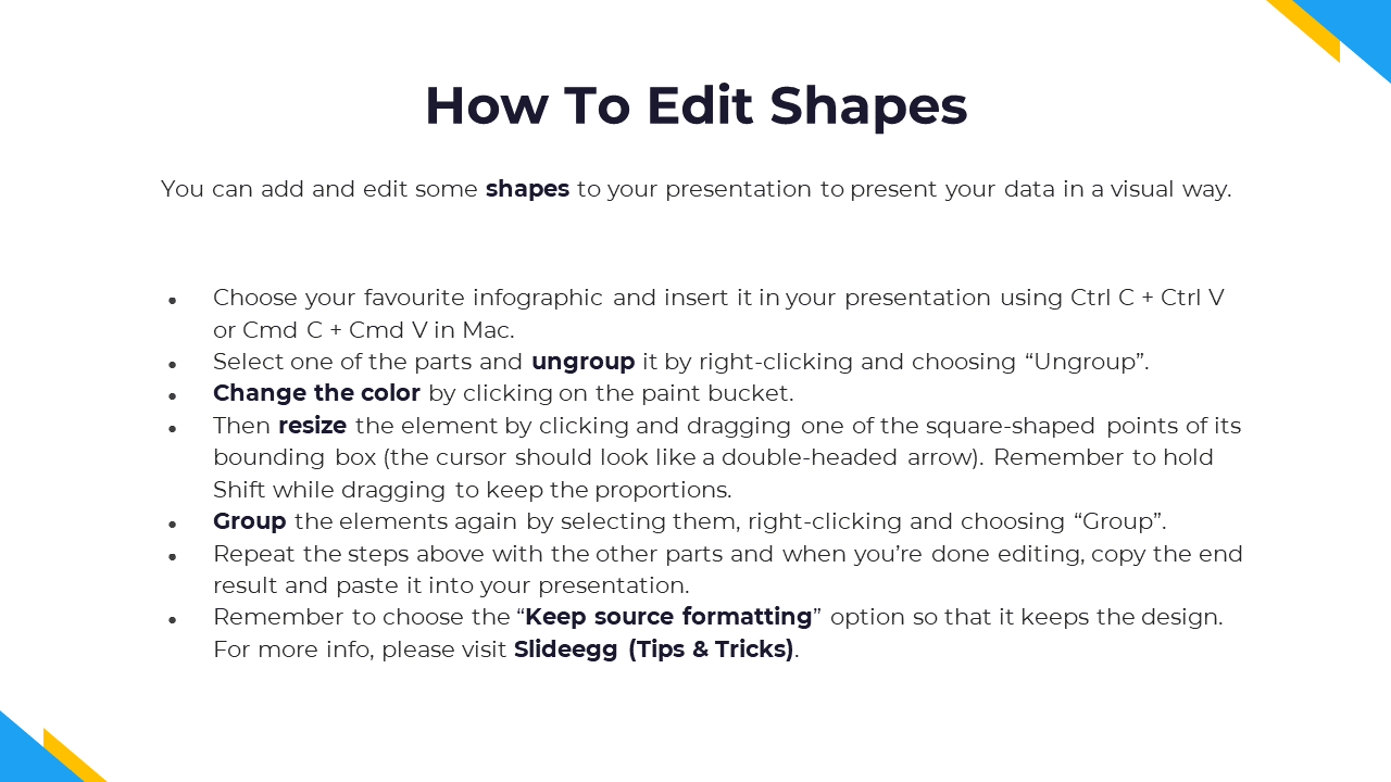 Step by step guide for editing infographic shapes in a PPT explaining ungrouping, resizing, and grouping elements.