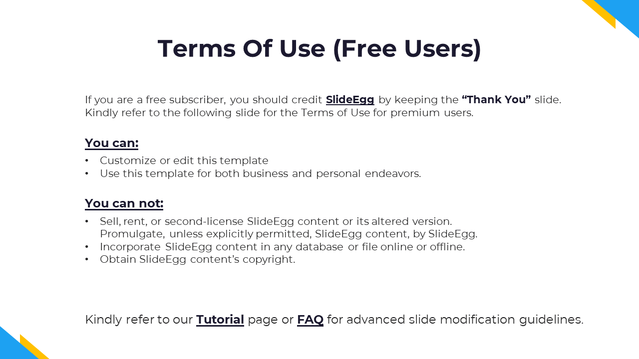 Terms of use for free users, including guidelines on crediting SlideEgg, customization, and restrictions on white theme.