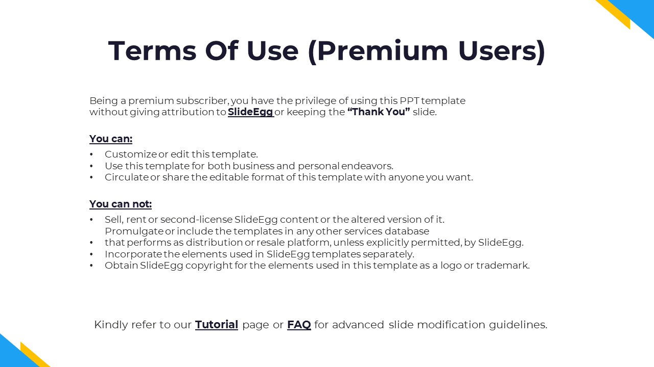 Premium users' terms of use, granting editing, sharing, and distribution rights, with restrictions on a white theme.
