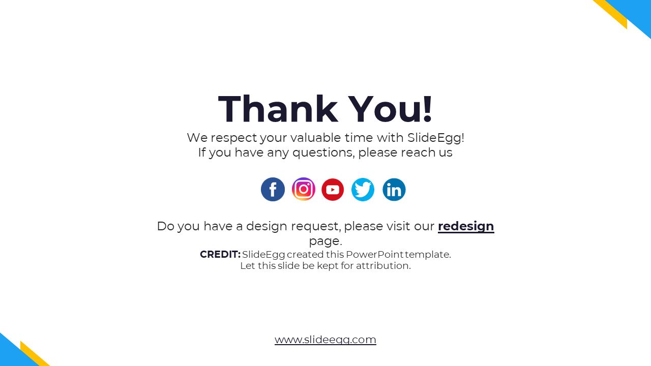 Thank You slide with social media links and a request for design inquiries on the redesign page on a white theme.