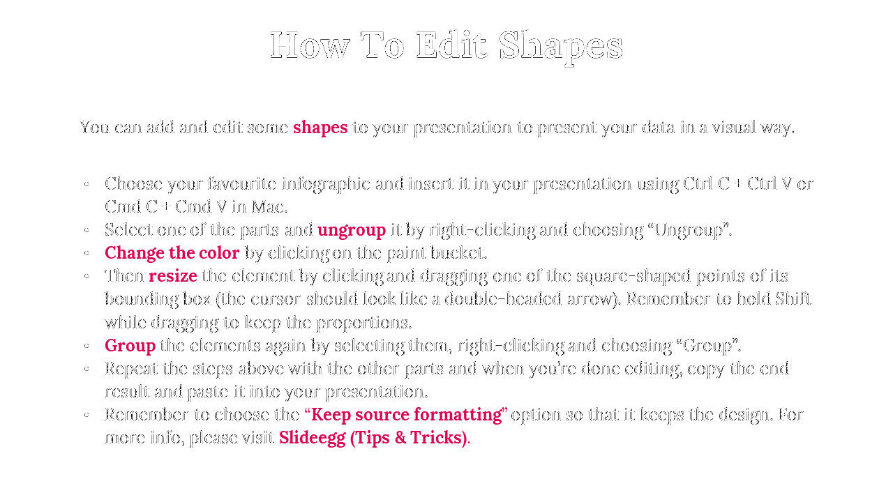A tutorial slide on editing shapes in a presentation, explaining how to change colors, resize, ungroup, and group elements.