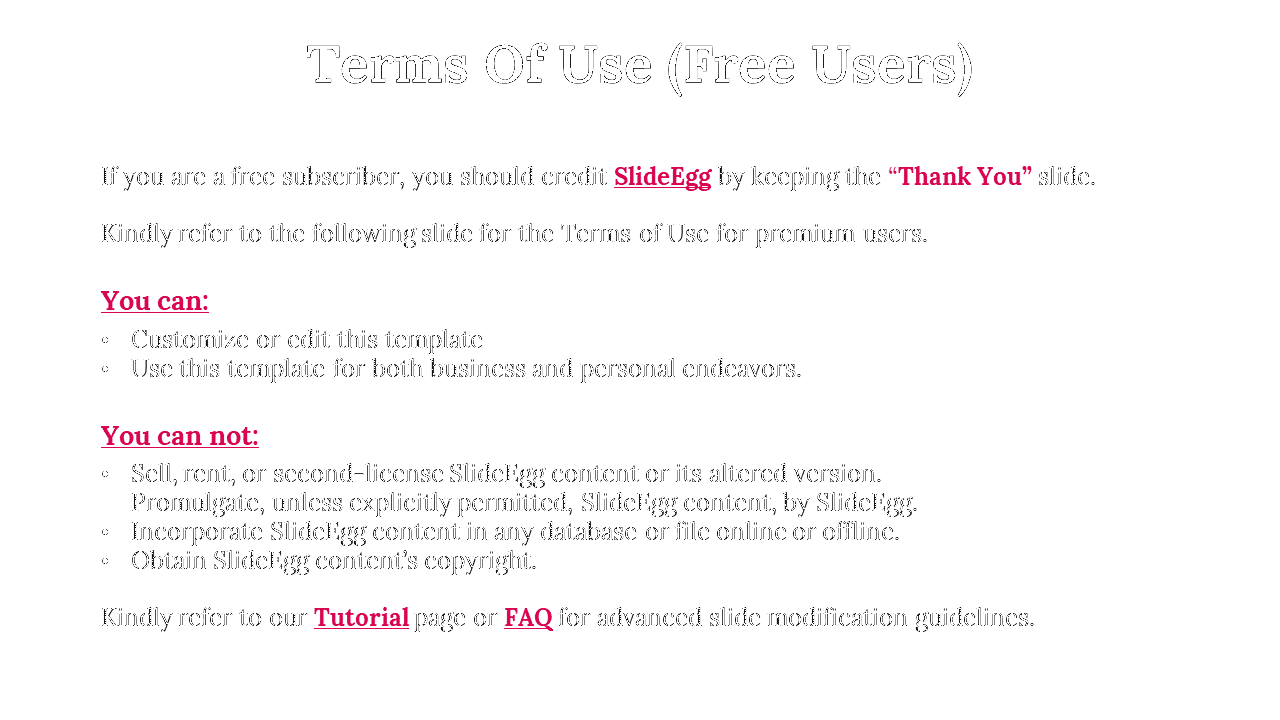 A slide showing the terms of use for free users, including customization rights and restrictions on a white backdrop.