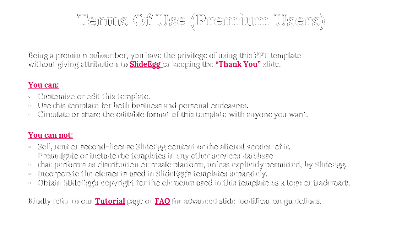 Terms of use slide for premium subscribers, allowing customization without attribution on a white backdrop.