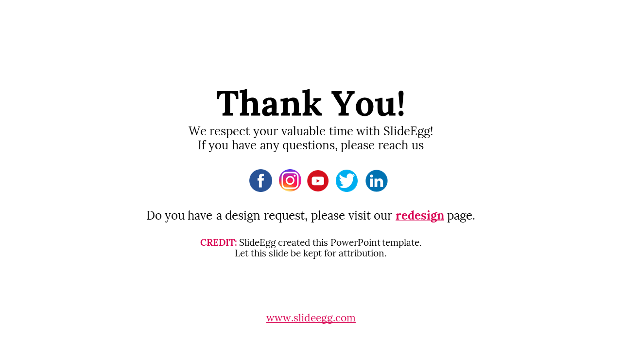 Thank you slide with contact info, links to social media, and a call to visit the redesign page for design requests.
