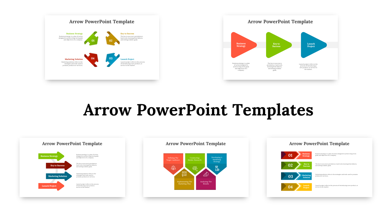 Arrow PowerPoint showcasing slides with colorful arrows and different layouts with text descriptions and icons.