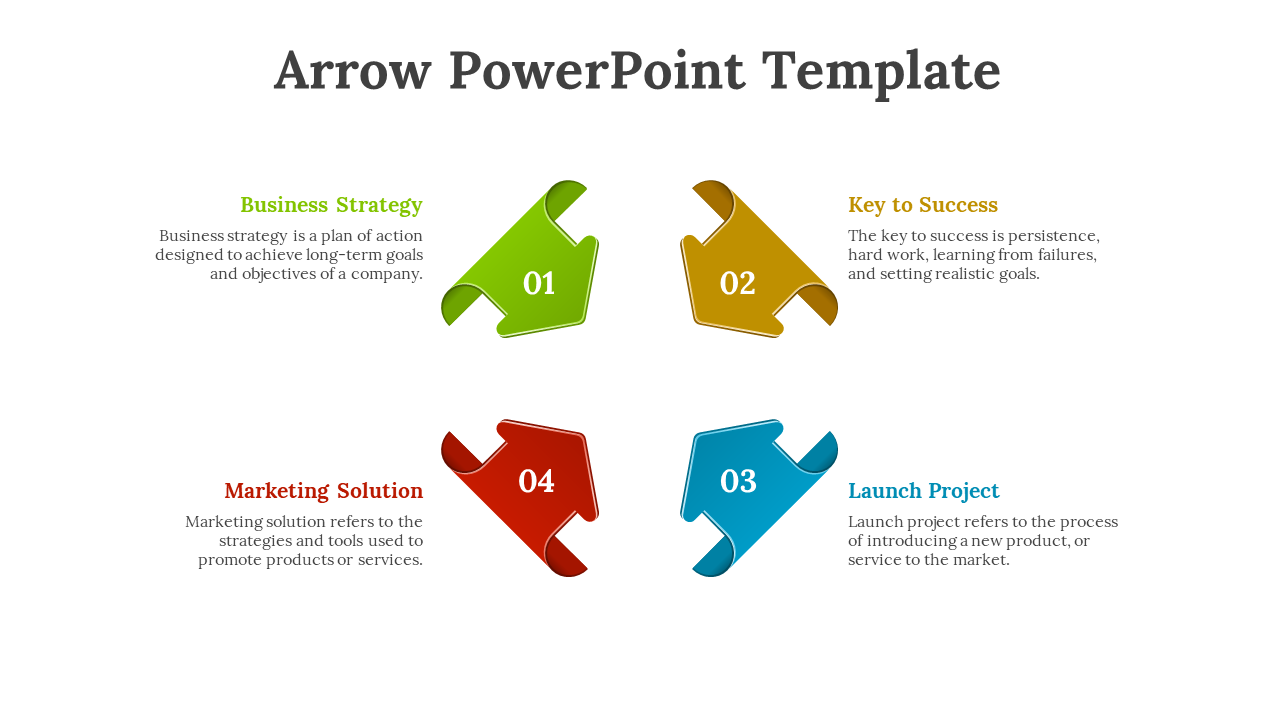 Arrow PowerPoint slide for business strategy to launch the project with colorful arrows and descriptions.