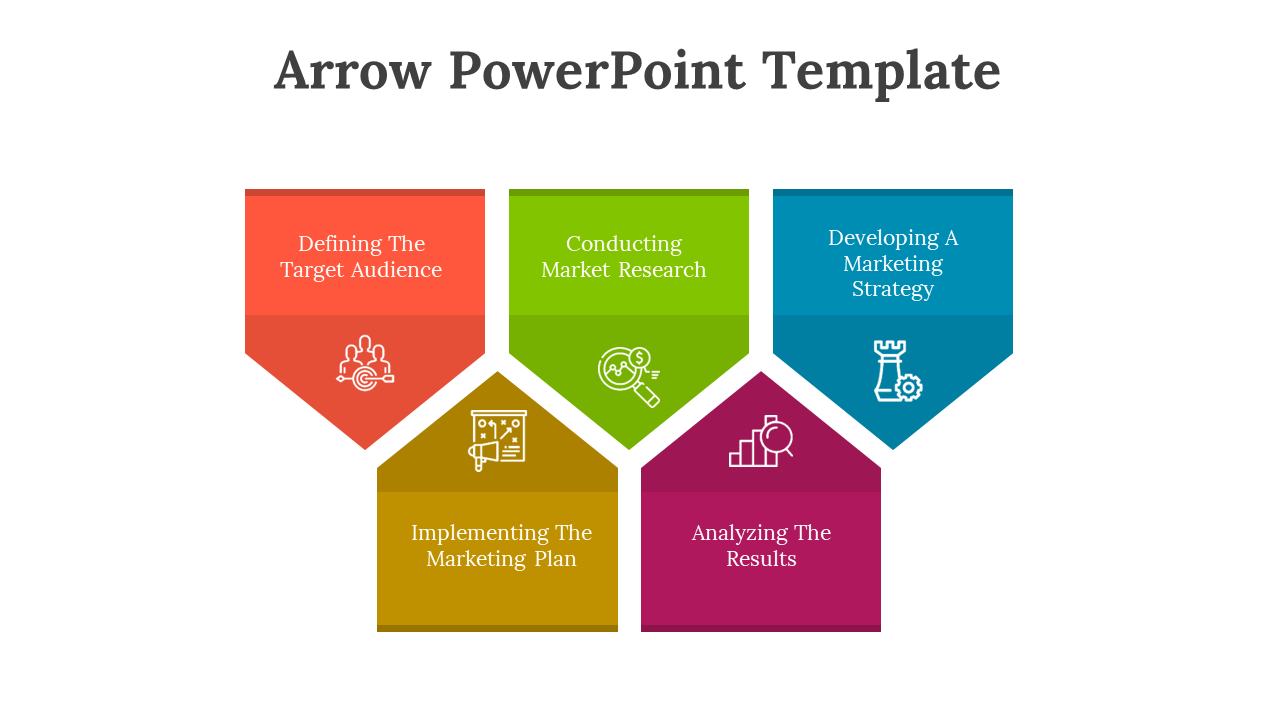 Arrow PowerPoint template with five colorful steps with icons on a white backdrop.