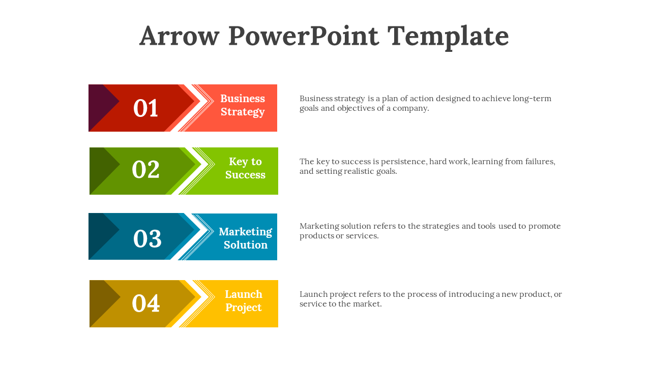PowerPoint template showing four steps in business strategy, success, marketing, and project launch using colorful arrows.