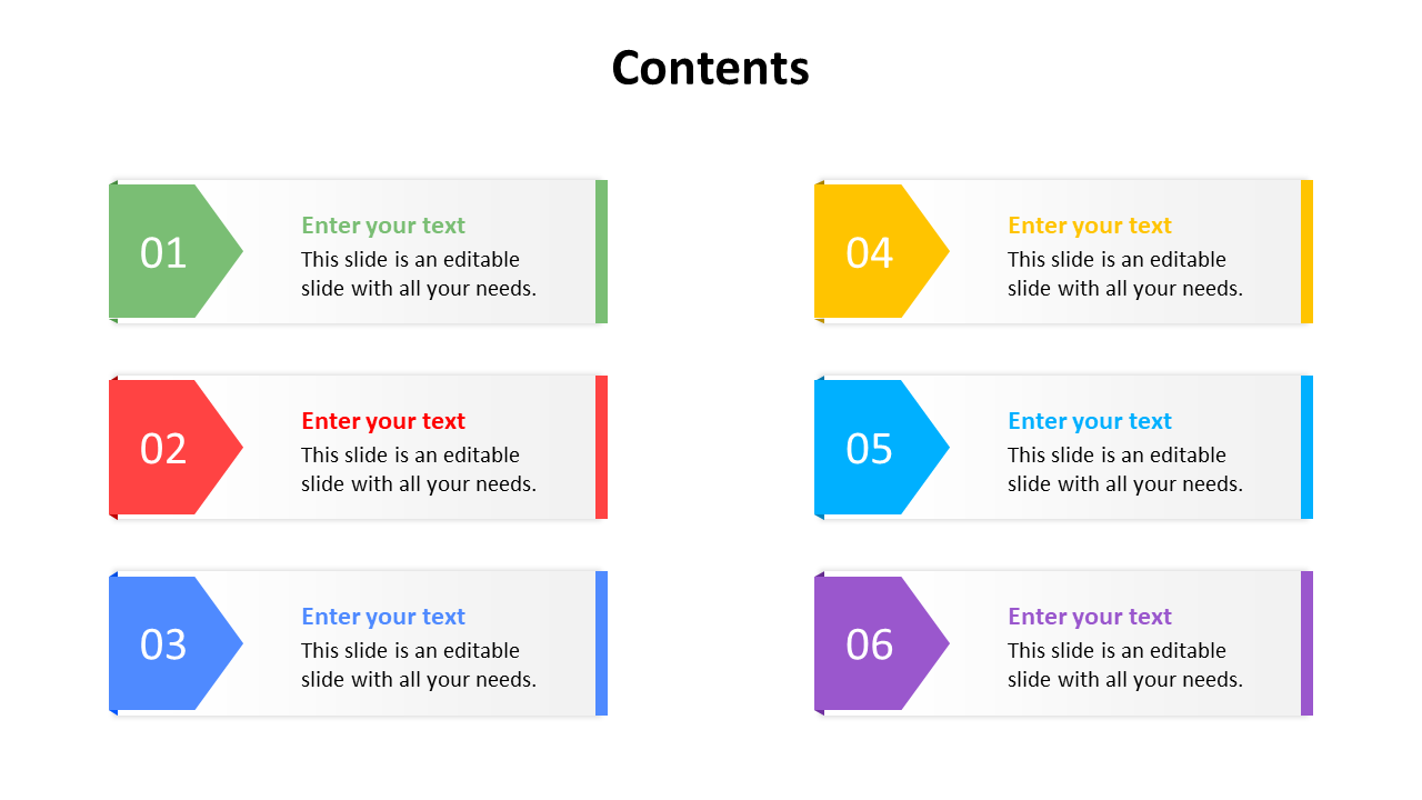 Content slide features numbered colored blocks and arrows with text placeholders.