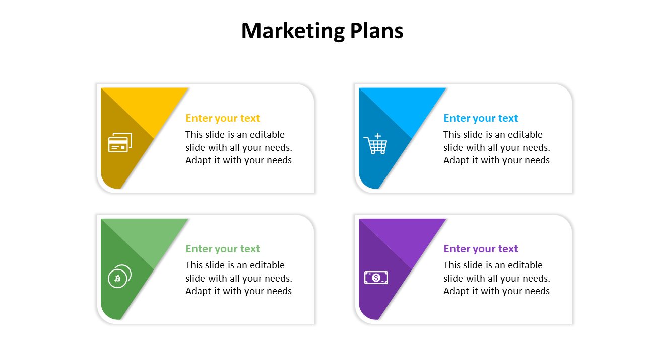 Marketing plans slide with four colored triangular sections, each with text and icons on a white backdrop.