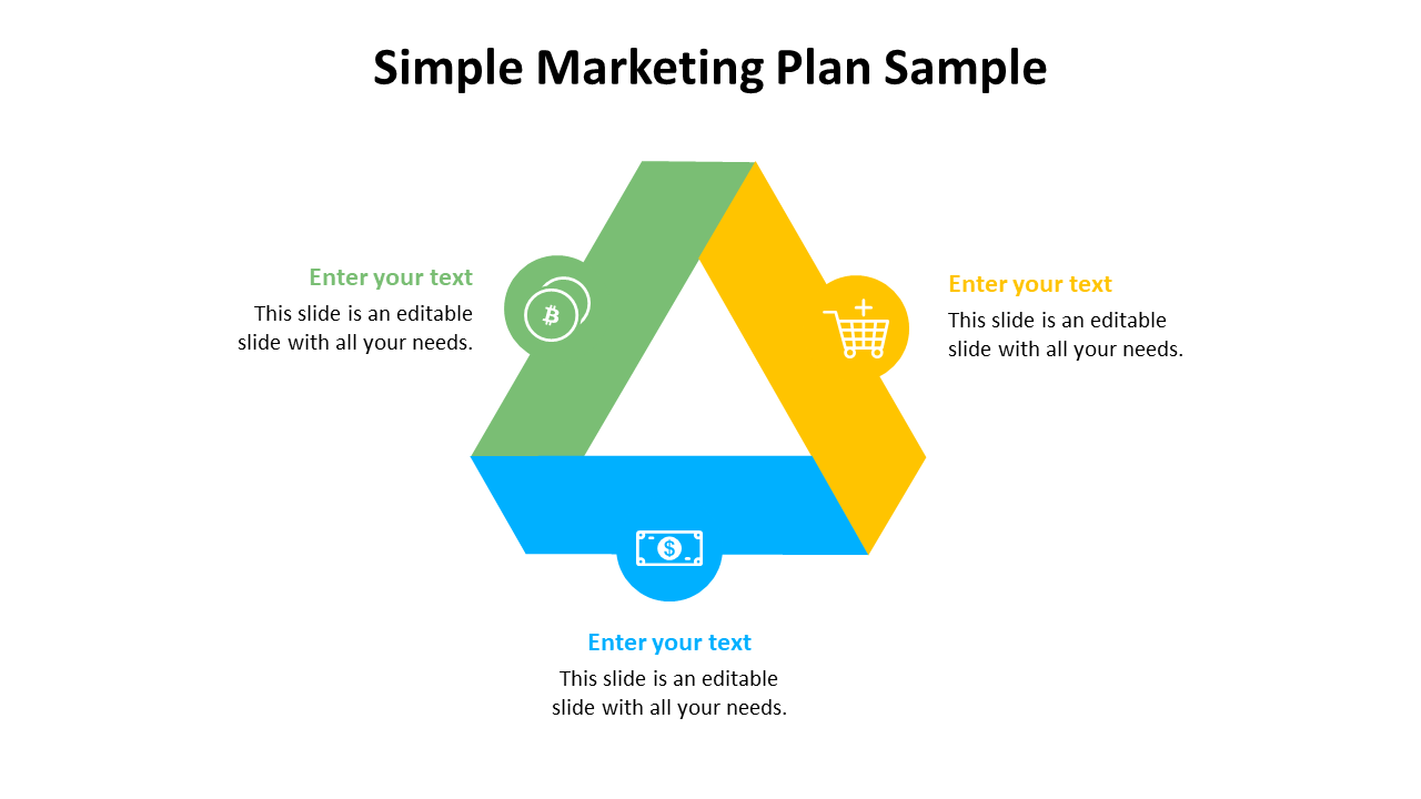 Simple marketing plan sample with a colorful triangular flow chart featuring icons, with text fields on a white theme.