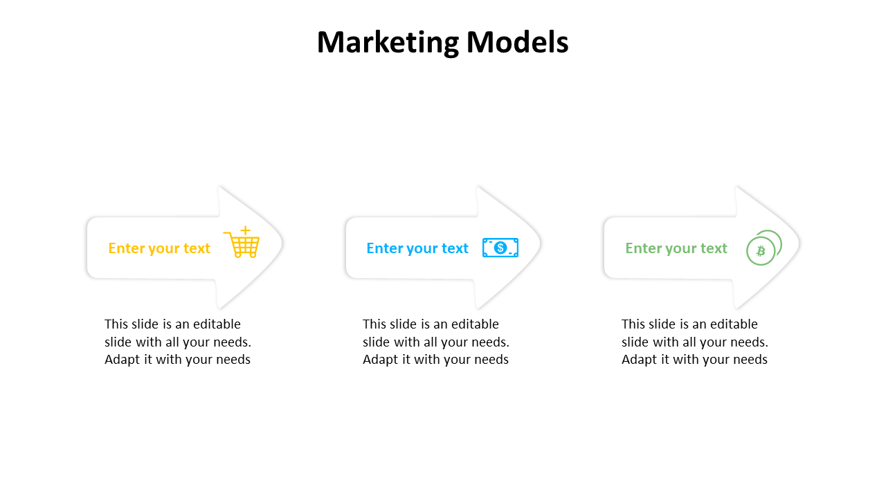 Marketing models slide with three arrows, each featuring an icon for shopping, finance, and cryptocurrency with text fields.