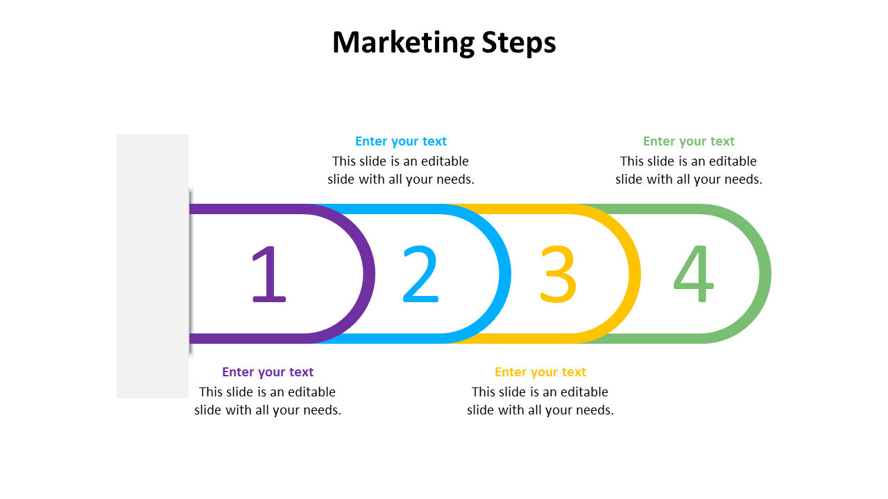 Marketing steps slide with four numbered colorful steps, each with text placeholders on a white backdrop.