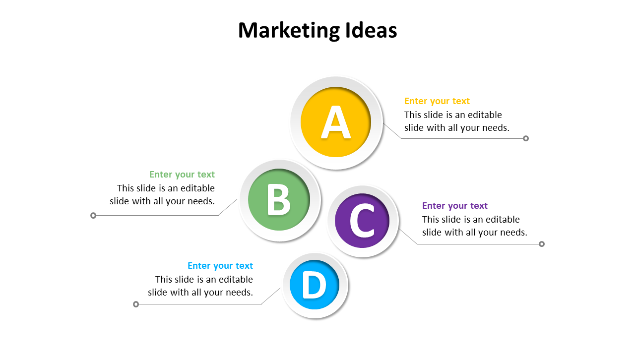 Marketing ideas slide featuring four colored circular sections labeled A, B, C, and D, with text placeholders in white theme.