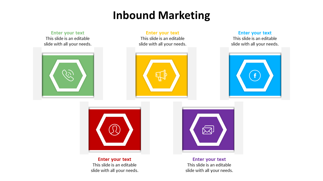 Inbound marketing slide featuring five color coded hexagonal icons each with placeholder text on a white backdrop.