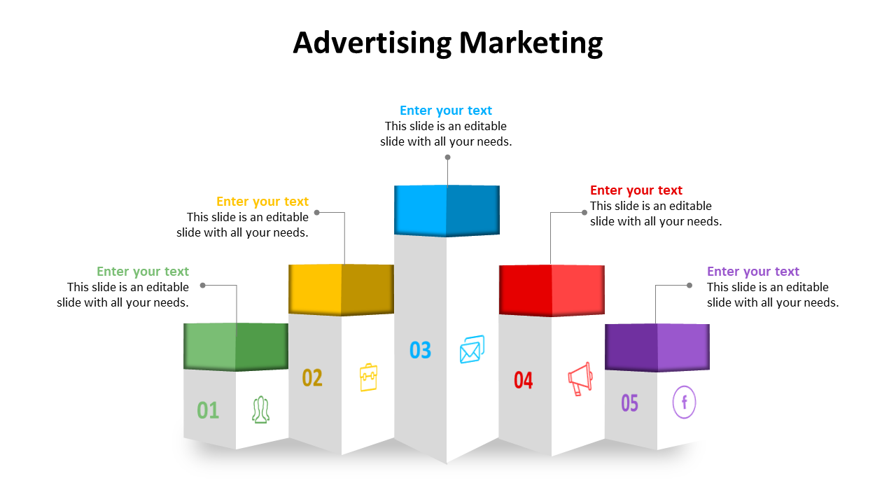 Advertising marketing slide featuring five columns with different colored tops, each representing a step and with text.