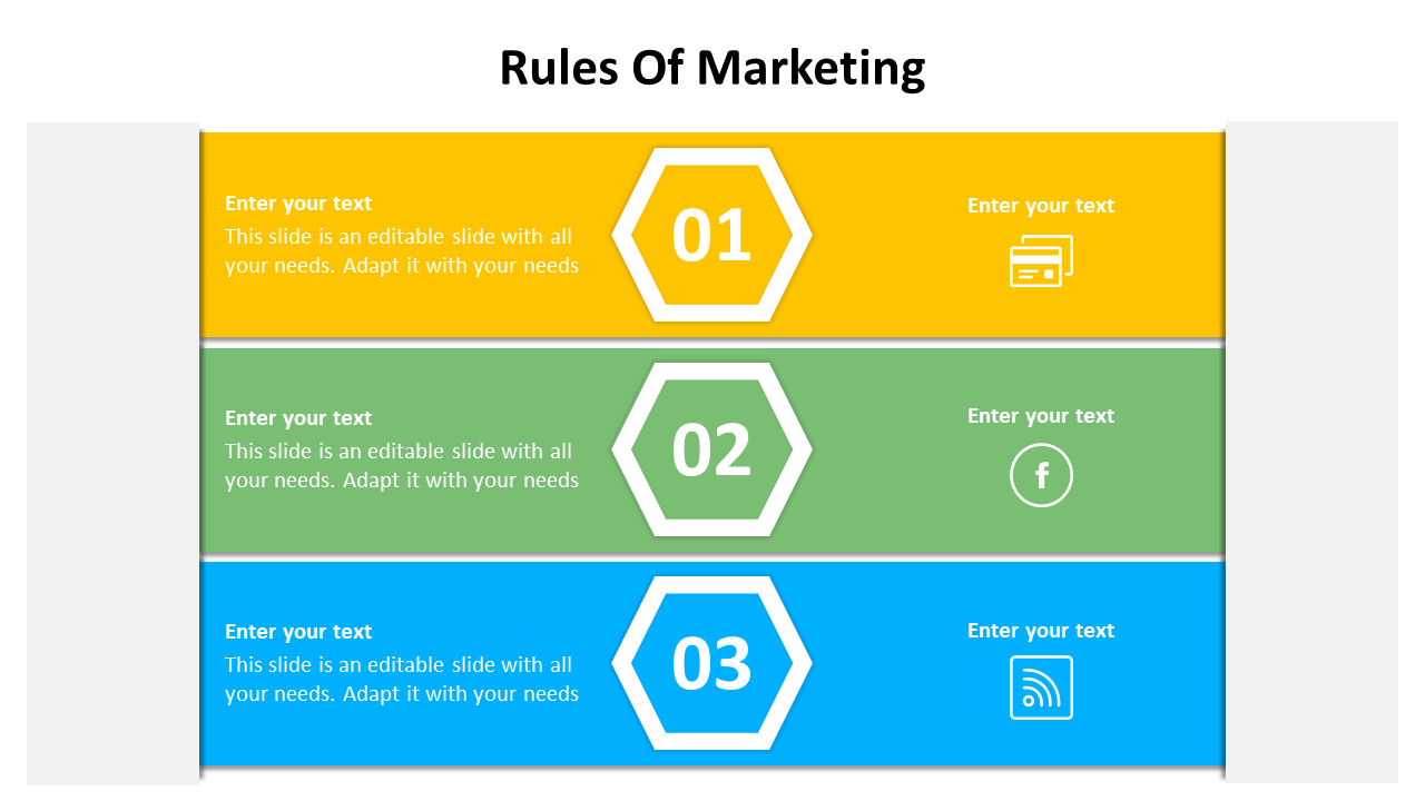 Rules of marketing slide with three colorful hexagonal sections labeled 1, 2, and 3, each with icons on a white backdrop.