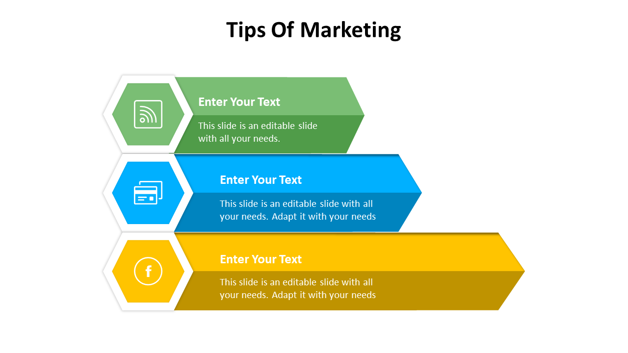 Tips of marketing slide with three hexagonal sections in green, blue, and yellow, each with an icon on a white backdrop.