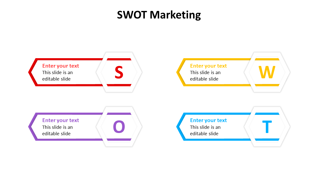 SWOT Marketing slide featuring four colored hexagons labeled S, W, O, and T, each with space for text.
