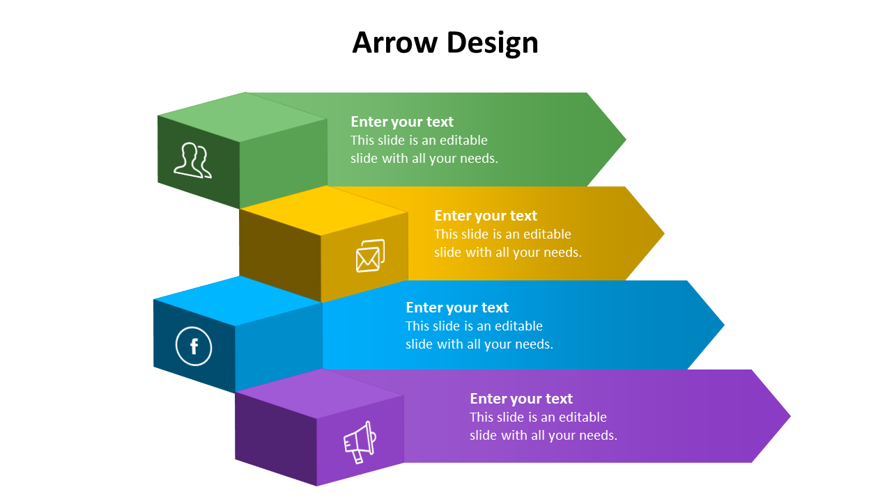 Arrow design slide featuring four colorful arrows with icons for people, email, Facebook, and marketing, with text.