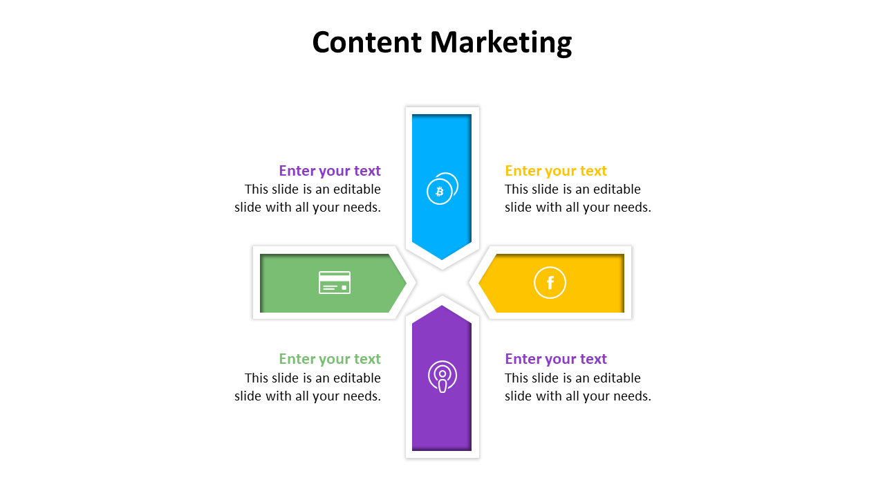 Content marketing slide featuring four rectangular sections in purple, green, yellow, and blue, each with icons.