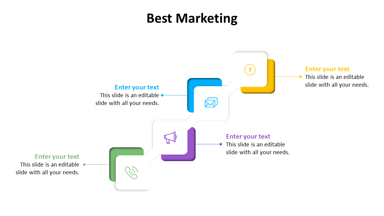 Best marketing slide with four color coded boxes in green, blue, purple, and yellow, each featuring an icon with text.
