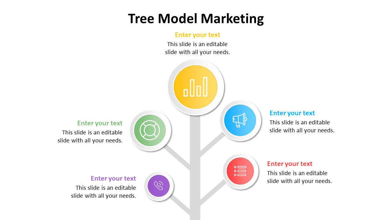 Tree model marketing slide featuring five colorful circular sections with icons and placeholder text on a white backdrop.