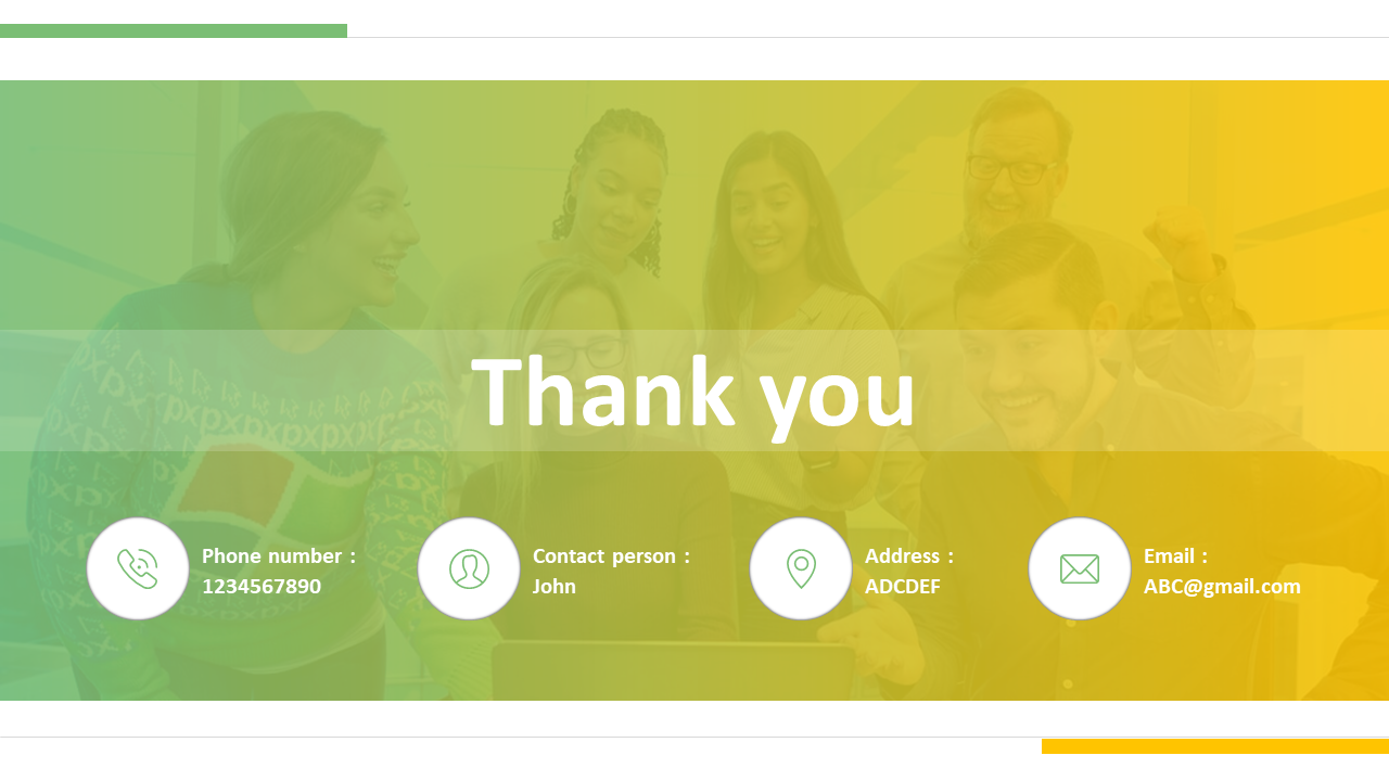 Thank you slide with a group photo, featuring contact information set against a yellow and green gradient background.
