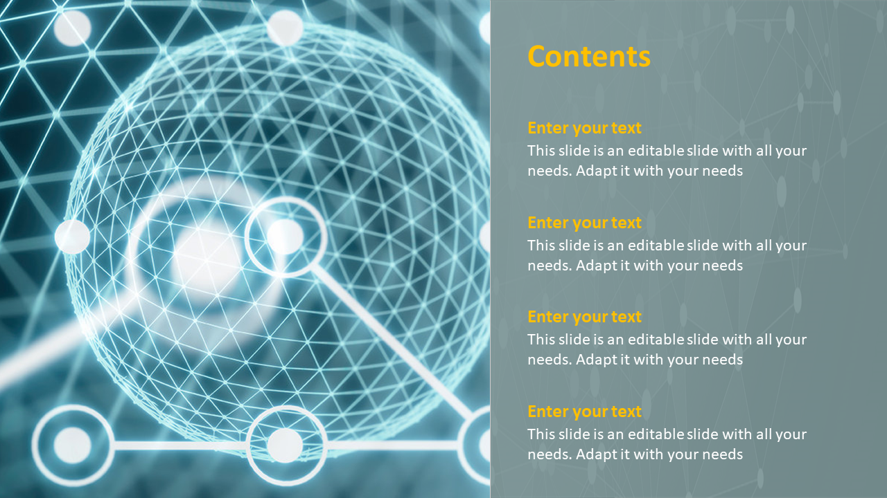 Contents slide with a digital network background and yellow accents, including text placeholders.