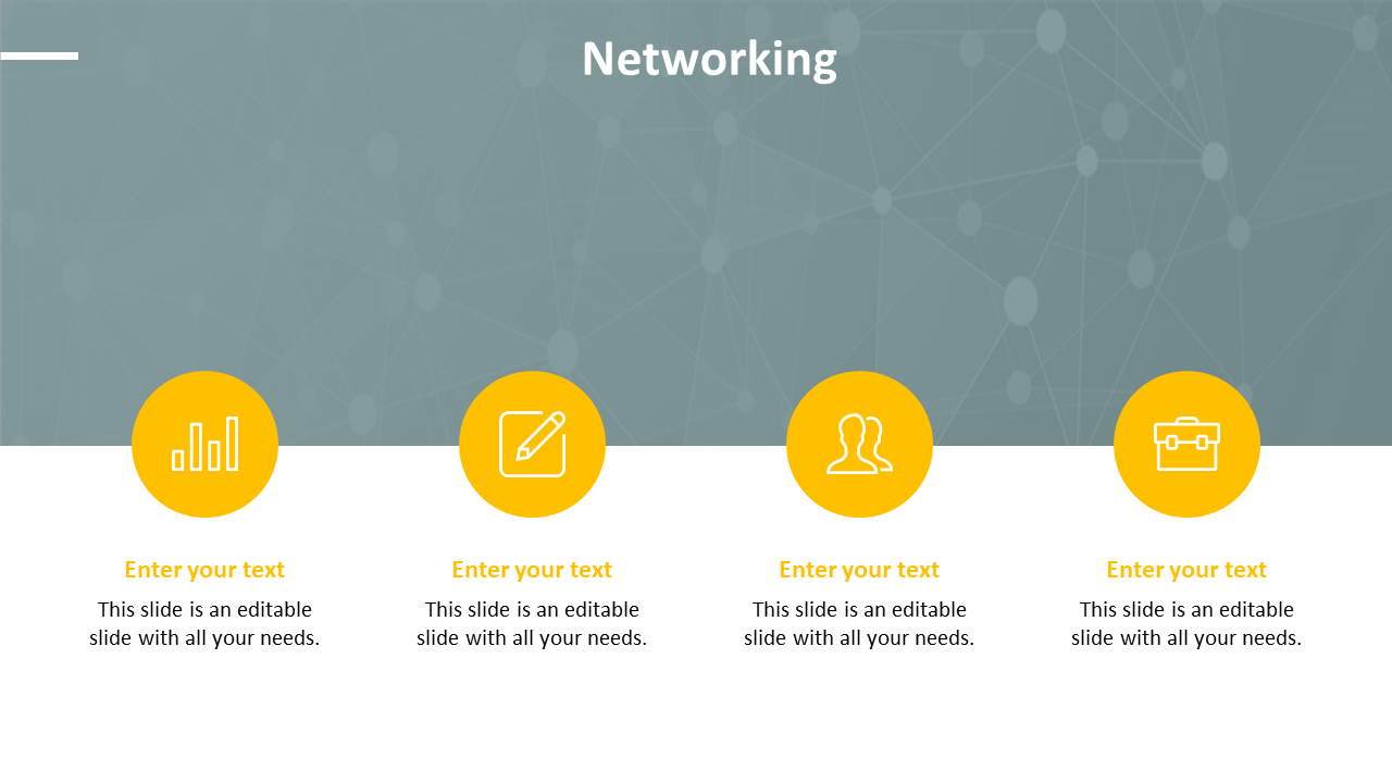 Networking PowerPoint slide featuring yellow circular icons with text placeholders for data, editing, people, and tools.