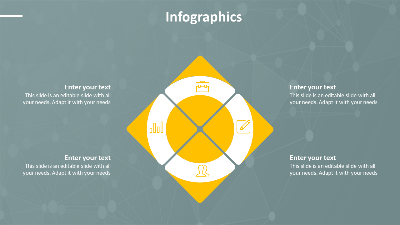 PowerPoint infographic slide with a central yellow circle and four surrounding sections with text placeholders.