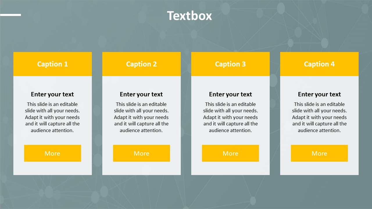 PowerPoint slide featuring four textboxes labeled caption 1 to  4 with placeholders for text and a yellow More button.