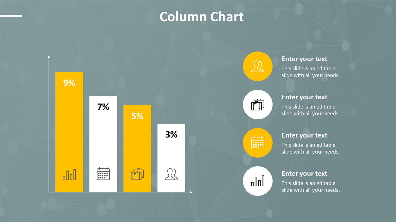 Column chart slide with four colored bars showing percentages, each associated with an icon and placeholder text.