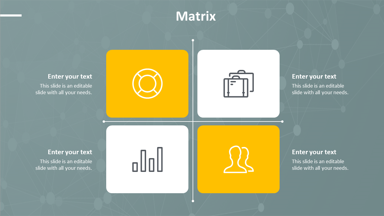 Slide featuring a matrix layout with 4 quadrants, each containing icons for a lifebuoy, briefcase, bar chart, and two people.