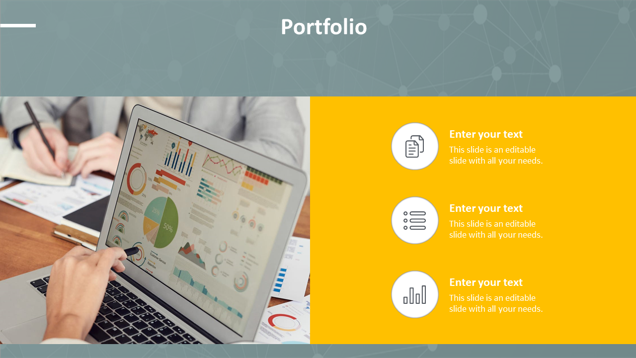 A PowerPoint slide showing a portfolio with a laptop displaying colorful graphs and charts, with placeholder text.