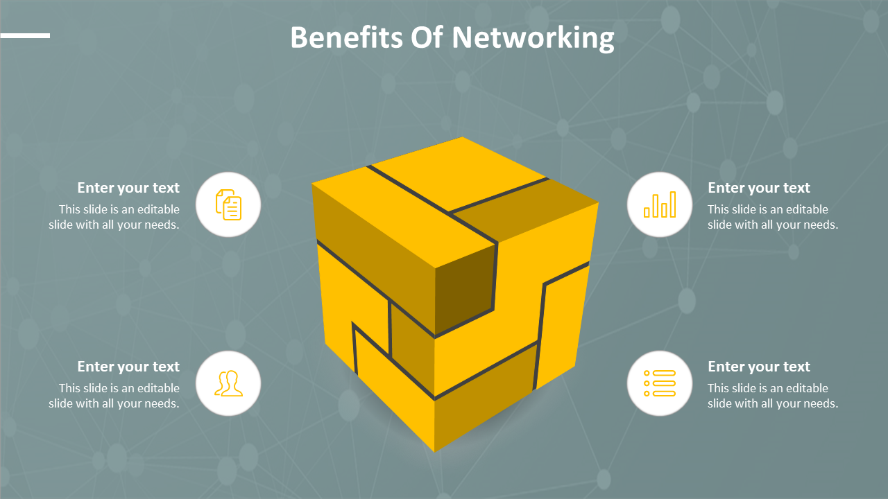 PowerPoint slide with a 3D yellow cube and text placeholders, highlighting the benefits of networking with content.