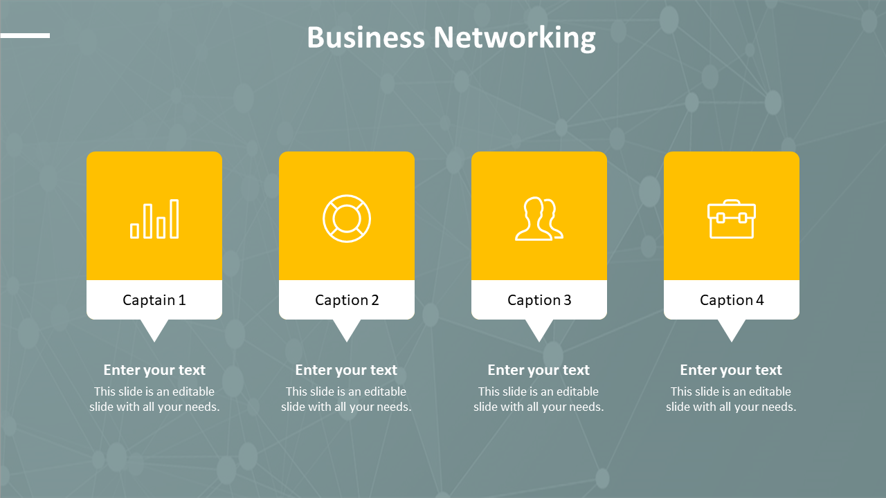 Business networking slide featuring four yellow sections with icons and text areas for each caption.
