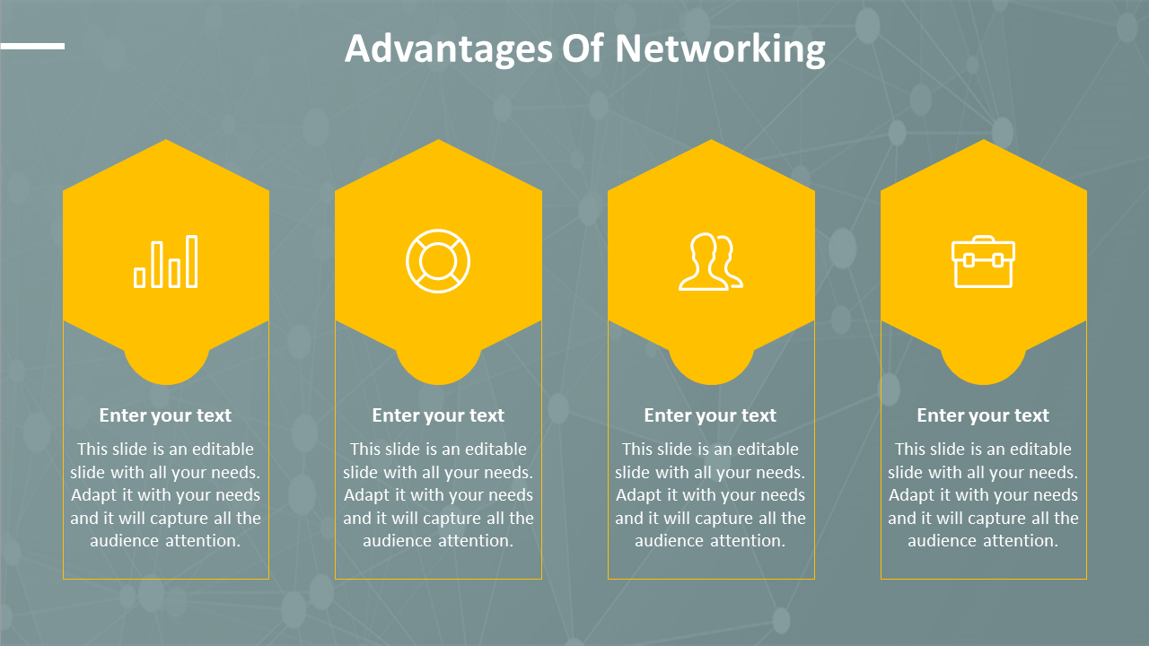 PowerPoint slide showing four yellow hexagons with icons representing various aspects of networking with placeholder text.