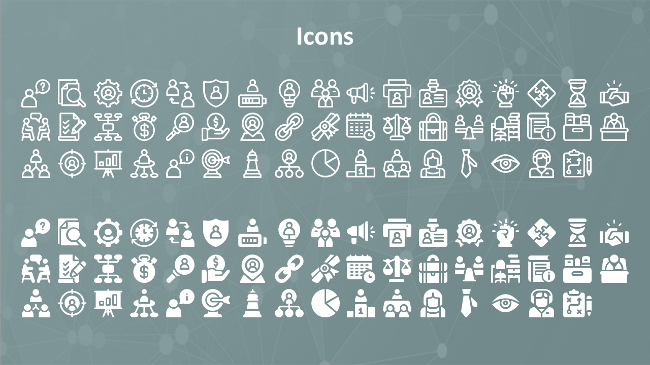 Icons slide displaying variety of business, professional, and organizational symbols, such as a magnifying glass, and people.