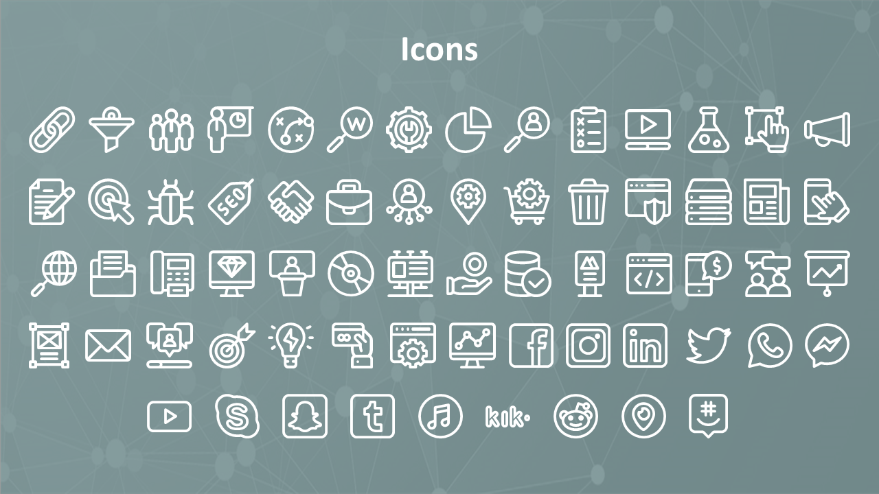 A slide displaying various icons, including network, social media, marketing, and business related symbols.